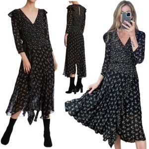 Anthropologie Bailey 44 Ophelia Black Floral Print Ruffle Midi V Neck Boho Dress